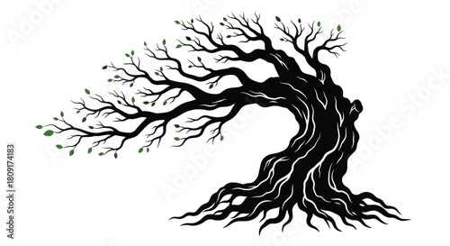 Silhouette of a gnarled, ancient tree with dark branches and sparse green leaves against a white background.