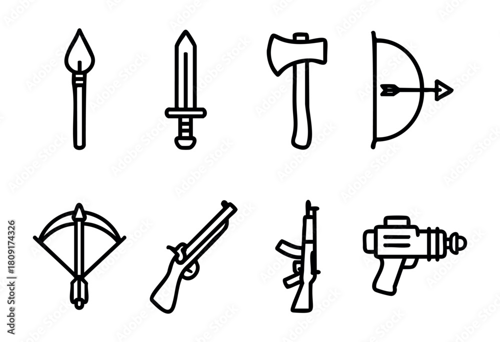 Obraz premium Different types of weapons are shown in a minimalist line art design. The collection includes traditional and modern weapons, highlighting their shapes and characteristics.