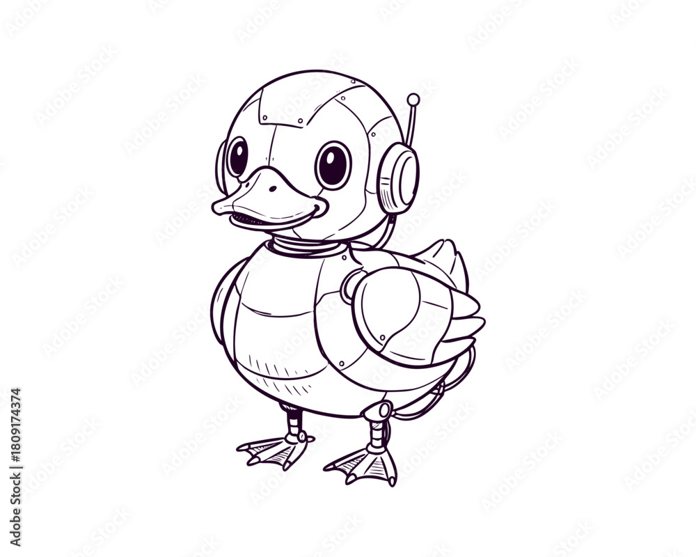 Fototapeta premium Cute Robot Duck Character with Mechanical Details — Line Art Illustration