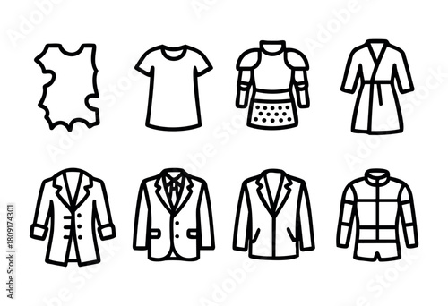 Various clothing items are outlined in black and white on a white background. The collection includes leather, t-shirts, armor, dresses, and different jacket styles.