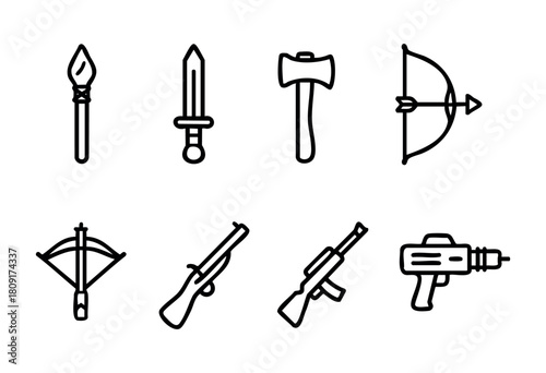 Various weapon icons arranged in a grid include a spear, sword, axe, bow, rifle, machine gun, and a futuristic blaster, illustrating a range of combat styles.
