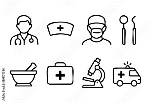 Various health care symbols include a doctor, nurse, surgical tools, a medical kit, a microscope, and an ambulance in simple line art style, representing the medical field.