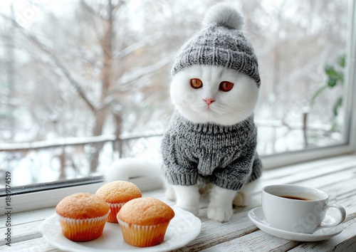 White cat wearing a knitted hat and sweater sits by a window.
