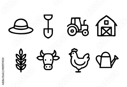 Various symbols represent a farm scene, including a hat, shovel, tractor, barn, cow, chicken, wheat, and watering can, showing typical farming elements and activities.