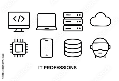 This collection displays icons of essential technology tools such as servers, cloud storage, and software development, representing different IT professions and their roles.