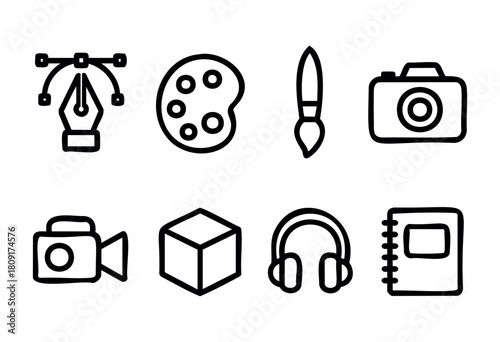 Various art and design tools are shown, including a paint palette, brush, camera, video recorder, headphones, and sketchbook, representing creativity and artistic expression.