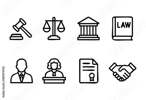 Various legal icons illustrate concepts of justice, including a gavel, scales of justice, courthouse, law book, and court figures to symbolize legal proceedings.
