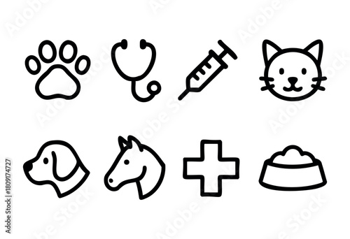 Various line drawings showcase elements of veterinary care, featuring a cat, dog, horse, tools like syringes, stethoscope, and pet food bowl, emphasizing animal health services.