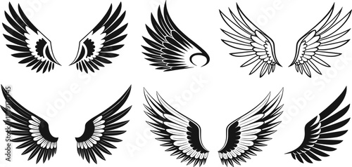 Stylized Black and White Wings Vector Collection for Tattoo, Logo Design, Freedom, and Angelic Symbolism.