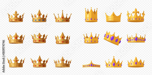 Collection of various golden royal crowns and tiaras adorned with colorful jewels, isolated on a transparent background.