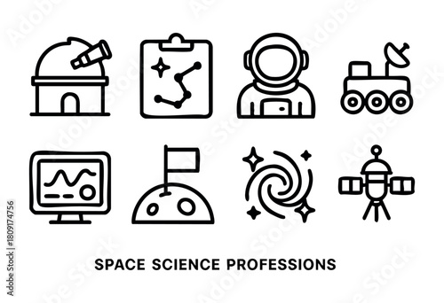This collection highlights space science professions, illustrating tools and roles such as astronauts, telescopes, and planetary research. Each element reflects the wonders of space exploration.