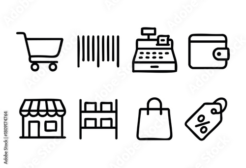 A set of hand-drawn icons representing shopping elements such as a cart, cash register, wallet, and store, illustrating common retail activities and items used in markets.