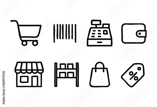 Various shopping symbols are arranged to illustrate retail activities. These include a shopping cart, cash register, wallet, store, shelf, bag, and discount tag, all in black and white.