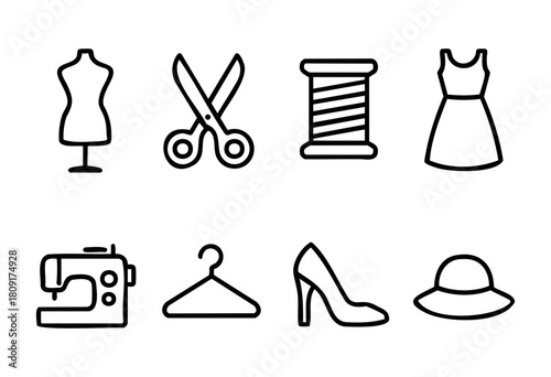 Various sewing tools and fashion items are displayed in a minimalistic style, including scissors, a sewing machine, a dress form, and accessories like a dress and a hat.
