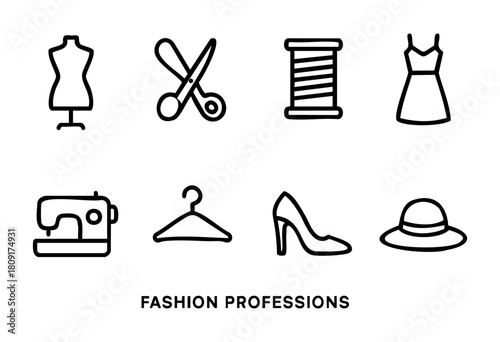 Icons illustrate various fashion professions including scissors, a sewing machine, a dress, and accessories like shoes and a hat for clothing creation.