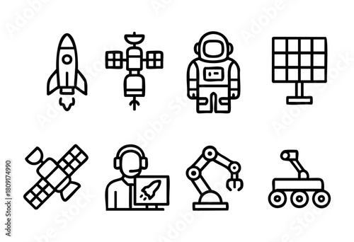 Various icons represent space exploration technology, including rockets, satellites, and an astronaut, showcasing humanity's advancements in space research and discovery.