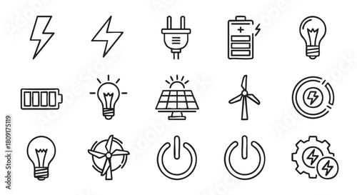Energy and power line icons set on white background symbols collection