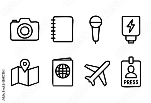 A collection of essential tools for travel and reporting, including a camera, notebook, microphone, and passport, typically used by journalists on assignments abroad.