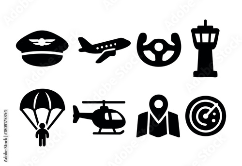 Various symbols represent aviation and transportation, including a pilot's hat, airplane, steering wheel, control tower, parachutist, helicopter, location marker, and radar.