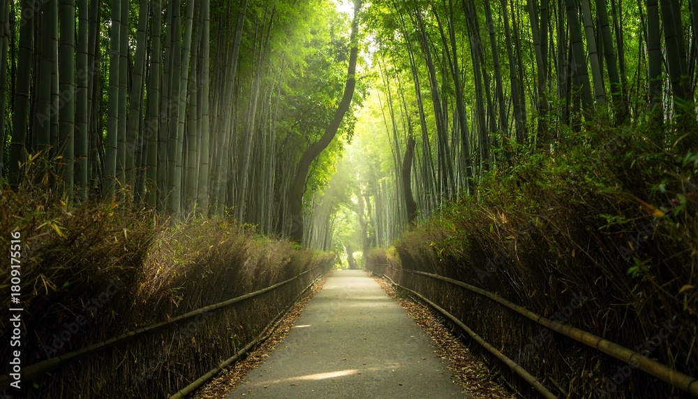 Naklejka premium Pathway through a lush bamboo forest with dappled sunlight filtering down onto the walkway