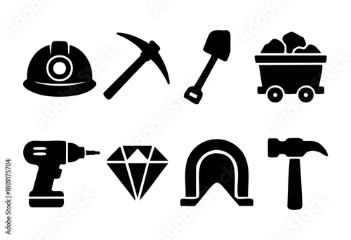 Collection of mining tools and symbols showing a miner's helmet, pickaxe, shovel, cart of ore, drill, diamond, horseshoe, and hammer arranged in a clean design.