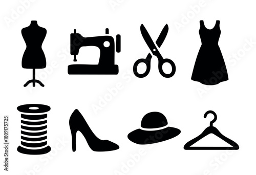 A collection of essential fashion design tools is shown, including a sewing machine, scissors, dress forms, and various clothing items, perfect for creative sewing projects.