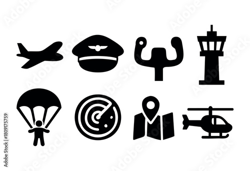 Icons depict various elements of aviation, including an airplane, pilot, control tower, parachutist, radar, location pin, map, and helicopter, showcasing aspects of air travel and navigation.