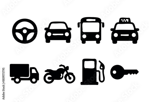 Various vehicle icons are displayed, showcasing modes of transport like cars, buses, and motorcycles. These icons represent everyday travel and vehicle services.