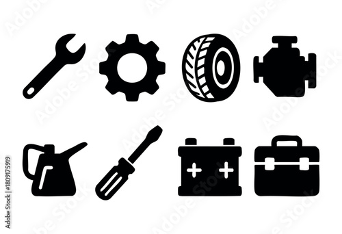 A collection of essential tools and equipment for automotive repair displayed on a plain backdrop features a wrench, gear, tire, engine, oil can, screwdriver, battery, and toolbox.