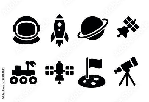 A collection of black silhouettes representing space exploration. The graphic features an astronaut, rocket, planet, rover, satellite, flag, and telescope, showcasing the wonders of outer space.
