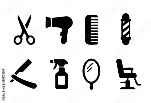 Different barber tools are displayed, including scissors, a hairdryer, a comb, and a mirror, showcasing essentials for hairstyling and grooming in a salon setting.