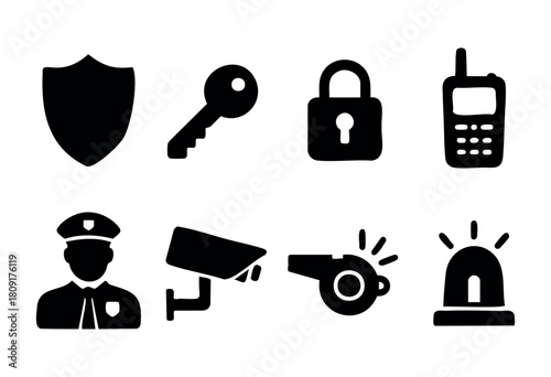 Various security symbols are displayed, including a shield, key, padlock, walkie-talkie, police officer, camera, whistle, and siren. These elements emphasize safety and surveillance.