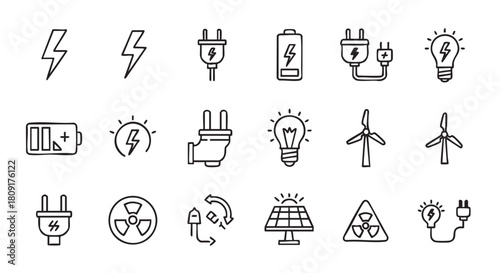 Energy sources and power symbols line art collection set vector