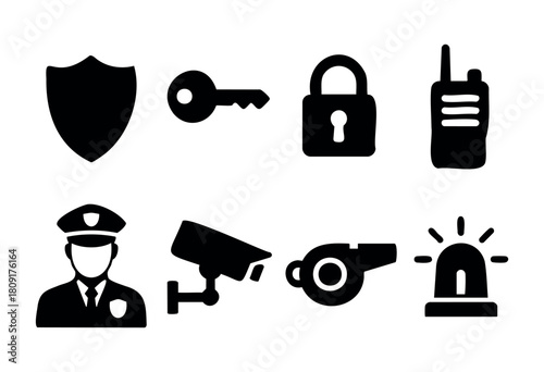 A collection of icons showcasing various security elements including a shield, key, lock, radio, police figure, and surveillance camera, all displayed in a minimalistic style.