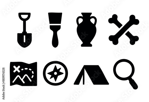 A collection of icons showcases essential tools for treasure hunting, including a shovel, paintbrush, and compass, set against a simple background for easy recognition.