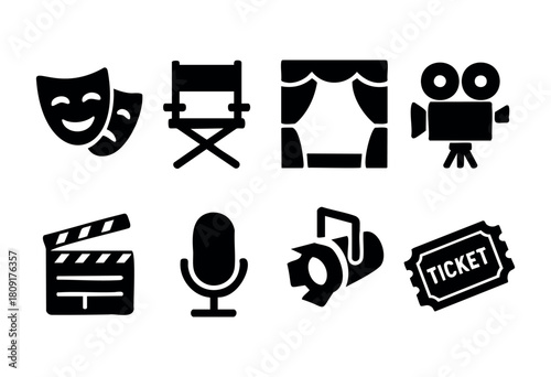 Different black icons depict key elements of the entertainment world, including theater masks, cameras, and microphones, showcasing creativity and performance.