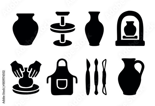 Various silhouettes depict pottery making tools and techniques, including a potter's wheel, a hands-on crafting process, and storage vessels in a workshop environment.