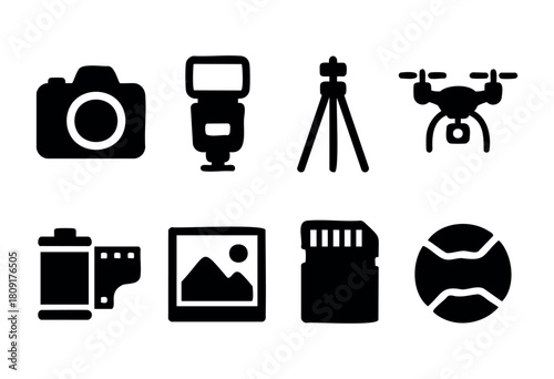 A selection of black icons representing essential photography tools. Featured items include a camera, flash, tripod, drone, film roll, image frame, memory card, and a lens.