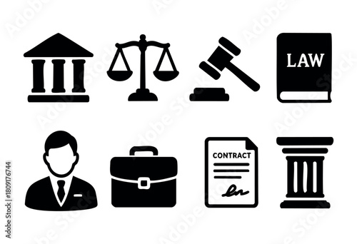 Various legal symbols showcase concepts of law and justice. Included are a courthouse, scales, gavel, law book, briefcase, contract, and a person in a suit, creating a cohesive legal theme.