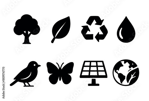 Various icons illustrate important environmental themes including trees, leaves, water conservation, recycling, and renewable energy sources like solar power and wildlife.