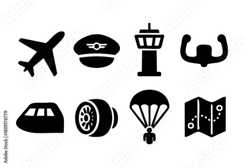 Collection of icons illustrating various aspects of aviation, such as an airplane, pilot hat, air traffic control tower, and parachute. Ideal for aviation enthusiasts and educational purposes.