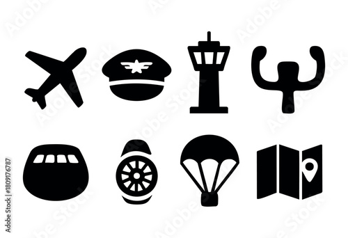 Various silhouettes represent the aviation industry, featuring an airplane, pilot cap, control tower, and other related symbols commonly associated with flying and travel.