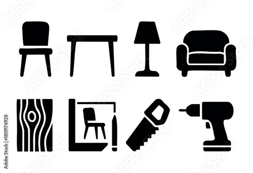 Simple black and white illustrations show various furniture items like chairs and tables, alongside woodworking tools like a saw and drill.