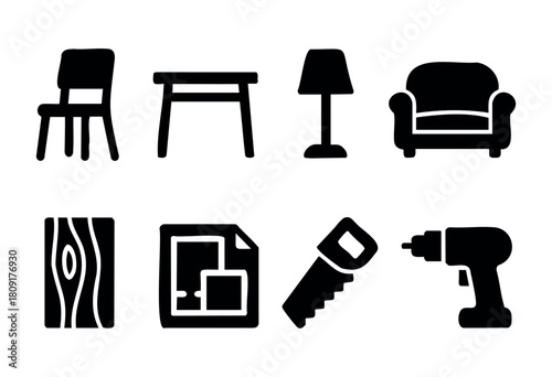 Various black silhouettes show furniture pieces like chairs, tables, and lamps alongside tools like a drill and saw, representing home improvement and design concepts.