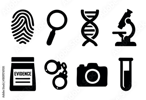 Various symbols representing forensic investigation tools and methods, including fingerprints, a magnifying glass, DNA, and more, reflecting crime scene analysis.