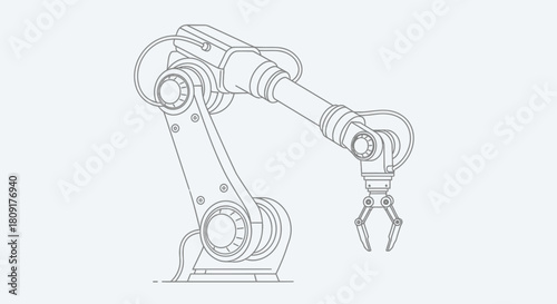 Detailed line drawing of an industrial robotic arm with a gripper, isolated on a white background.