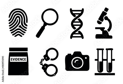 Graphic features various icons related to forensic science including fingerprints, magnifying glass, DNA, microscope, evidence bag, handcuffs, and test tubes, highlighting important investigation tool