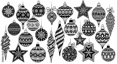 Black and white illustration of various Christmas ornaments, including baubles, stars, and teardrop shapes.