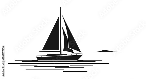 A minimalist black silhouette of a sailboat with reflections on the water, against a white background.