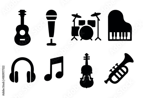 A collection of black icons featuring musical instruments including a guitar, piano, drums, and accessories like a microphone and headphones, ideal for a music project.